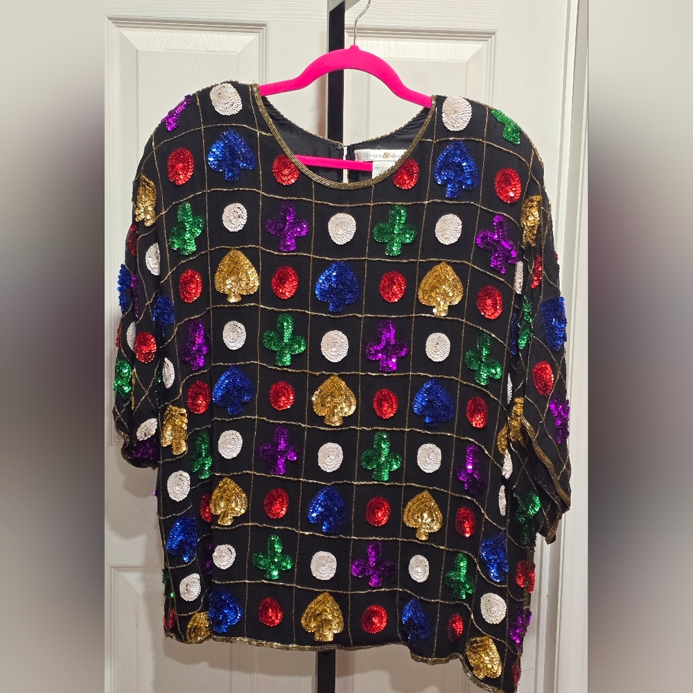 Vintage Preswick & Moore Sequin Casino Theme Pattern Blouse